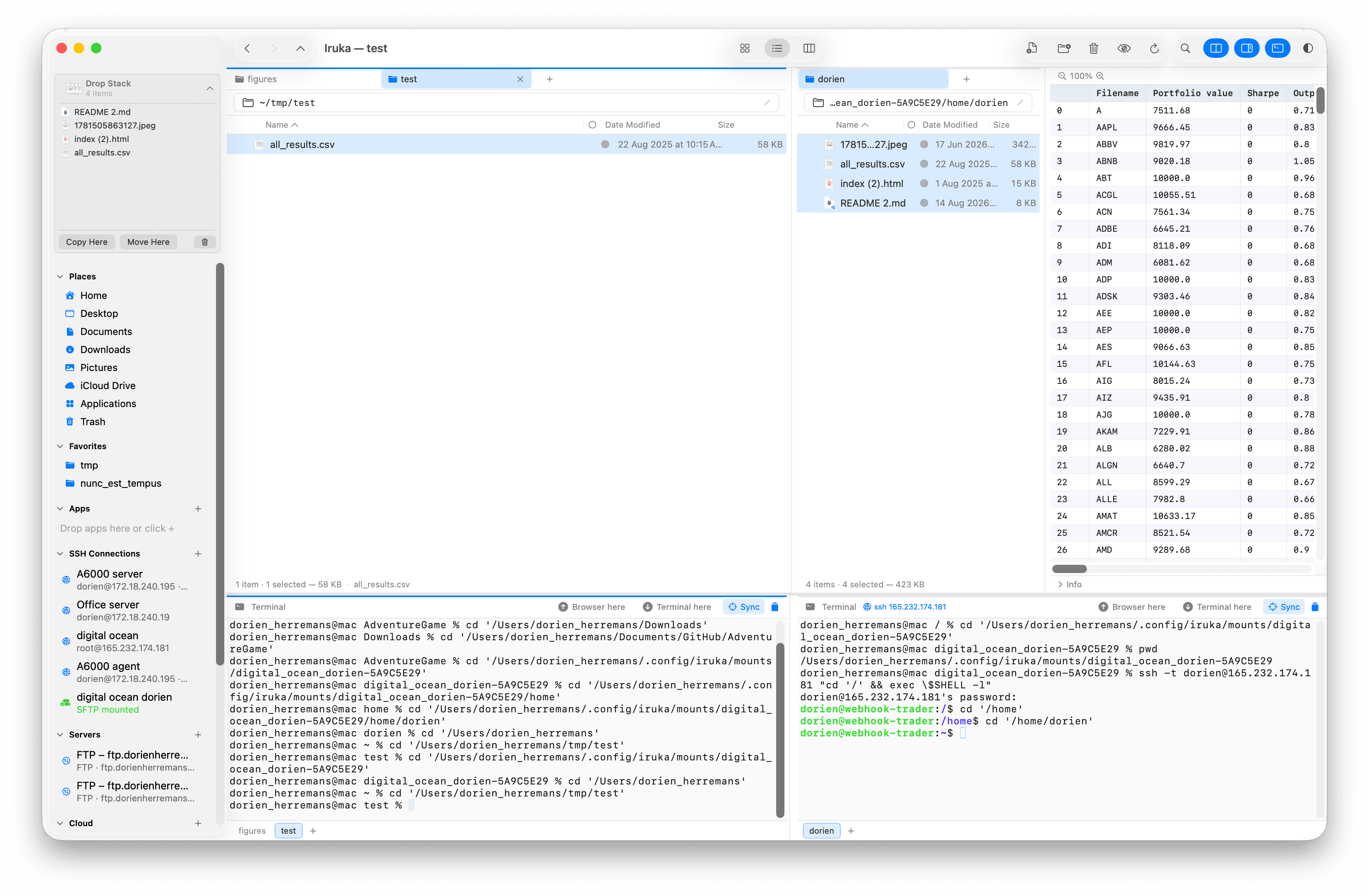 Iruka with remote files collected in the sidebar drop stack, a local destination selected, and Copy Here available