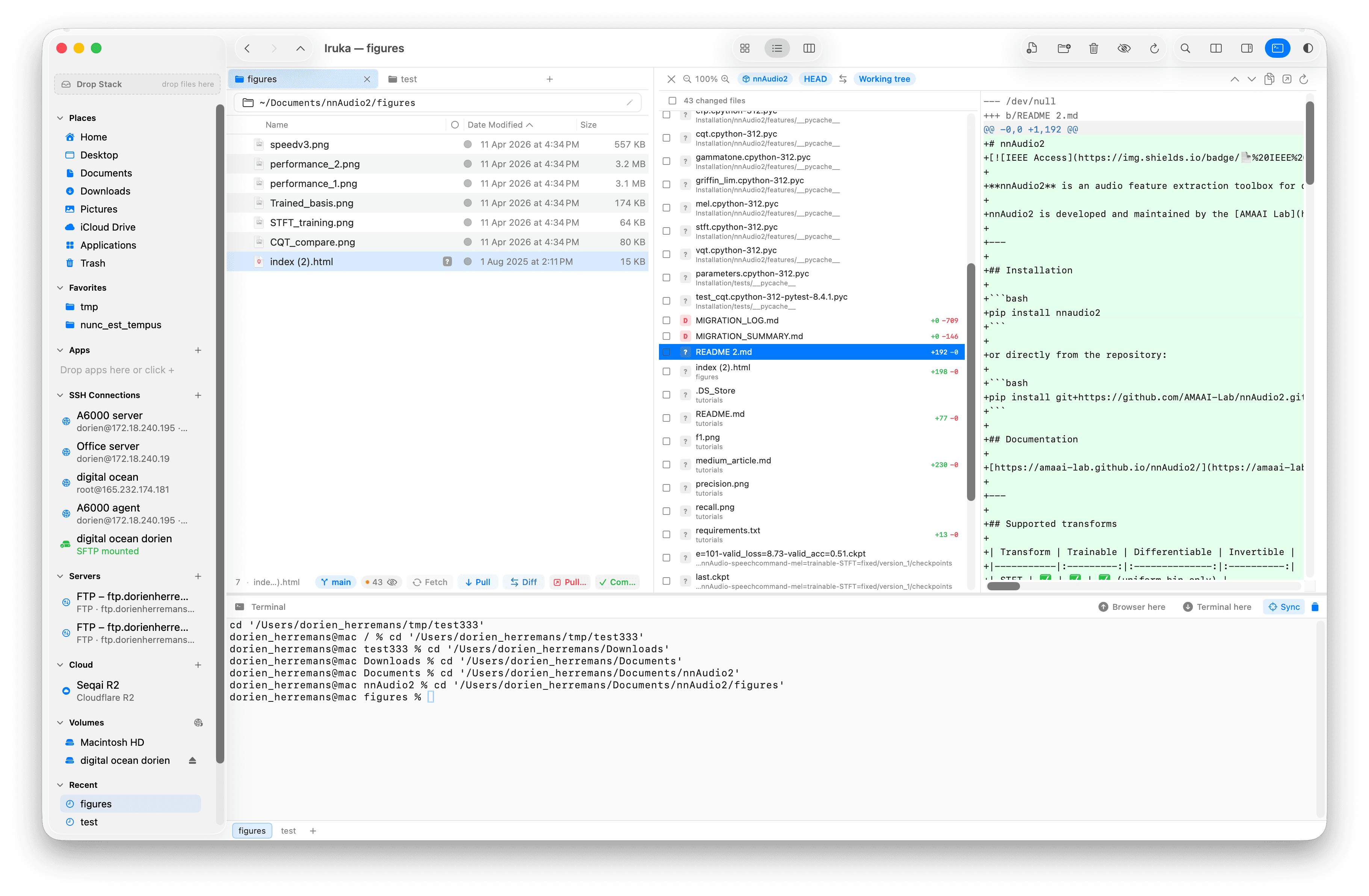 Iruka Git Review pane listing changed files and displaying the additions in a Markdown file