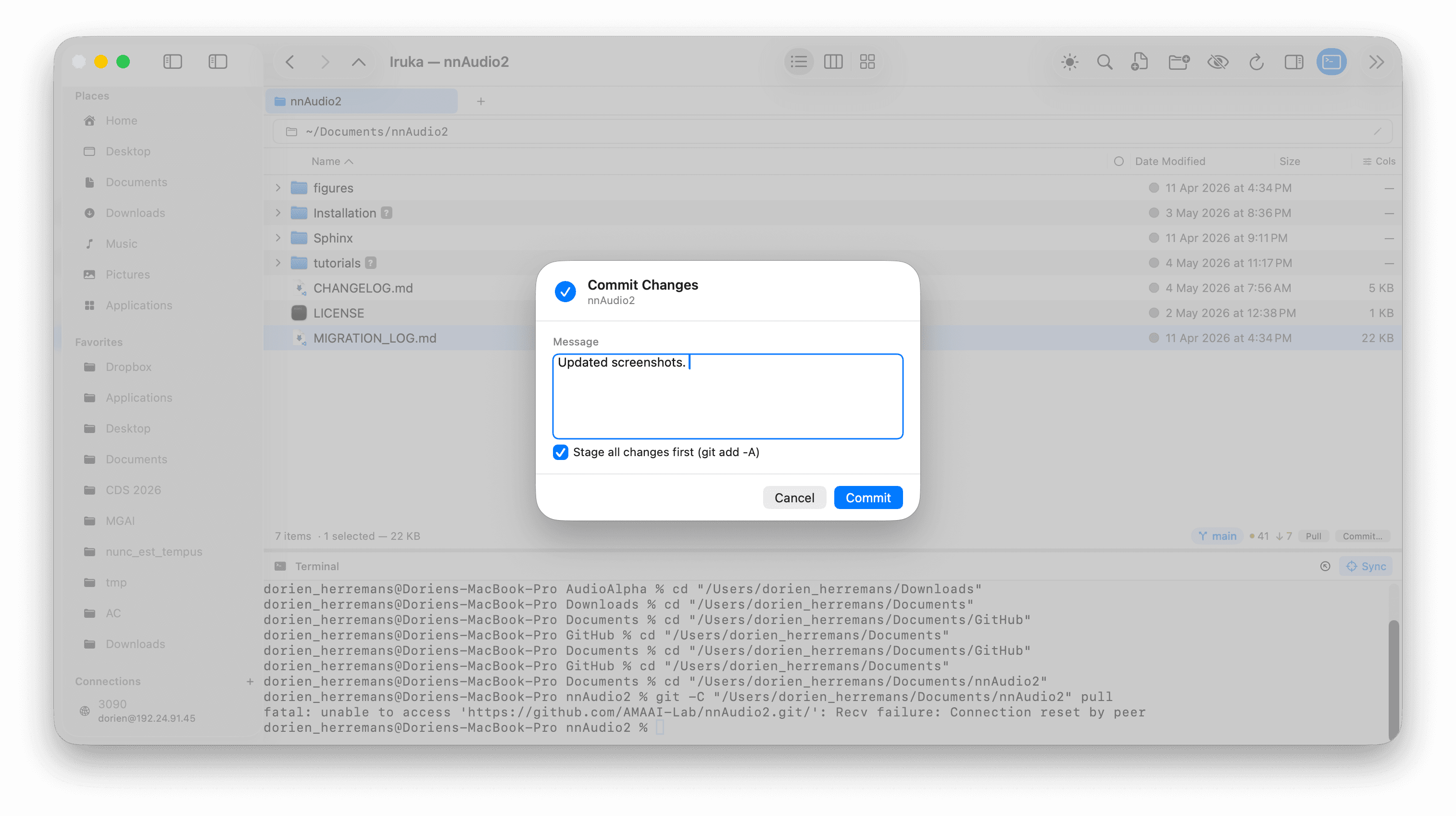 Git commit dialog — stage and push without leaving the explorer
