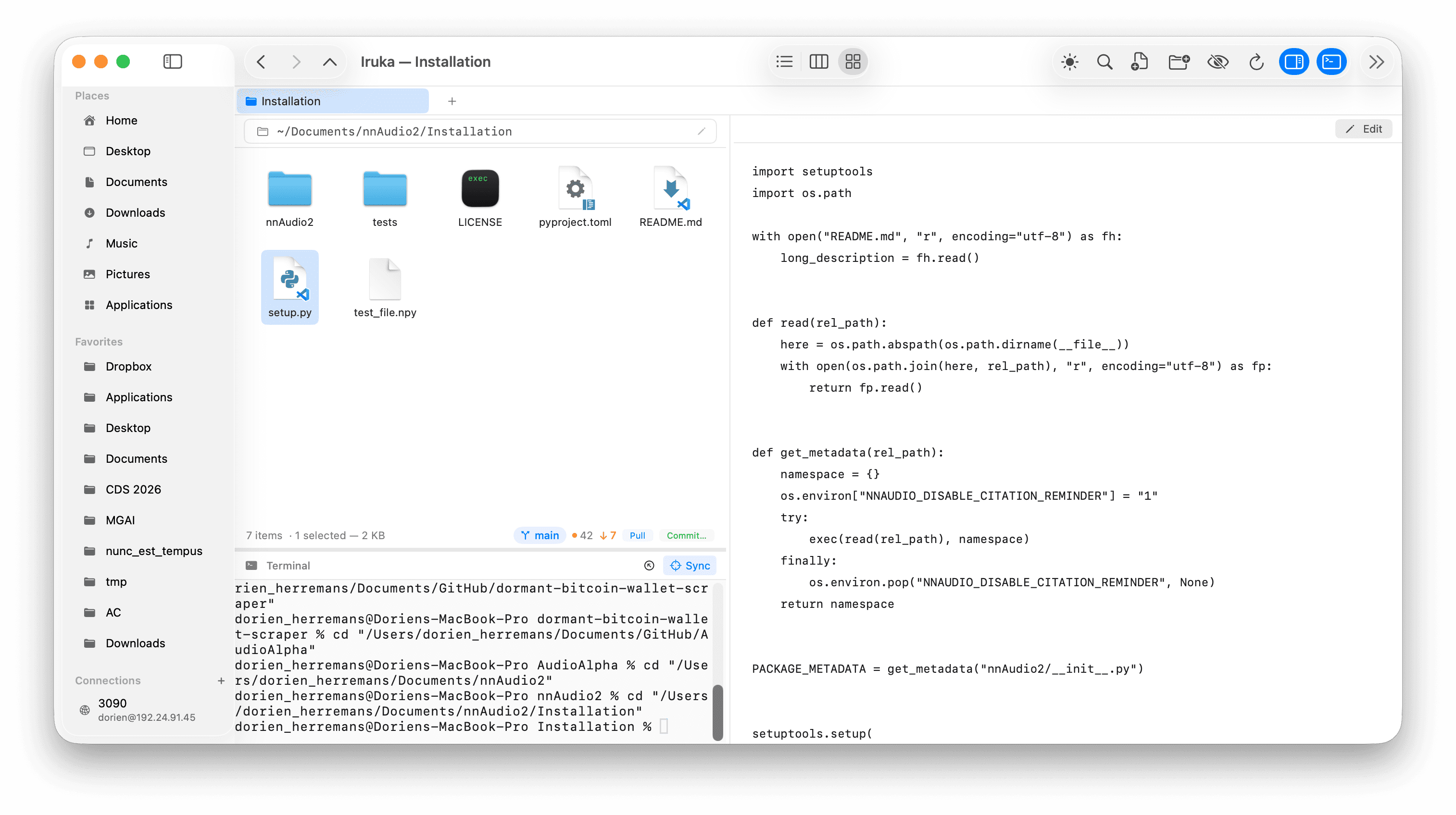 Iruka showing Python code with syntax highlighting in the preview pane alongside icon view