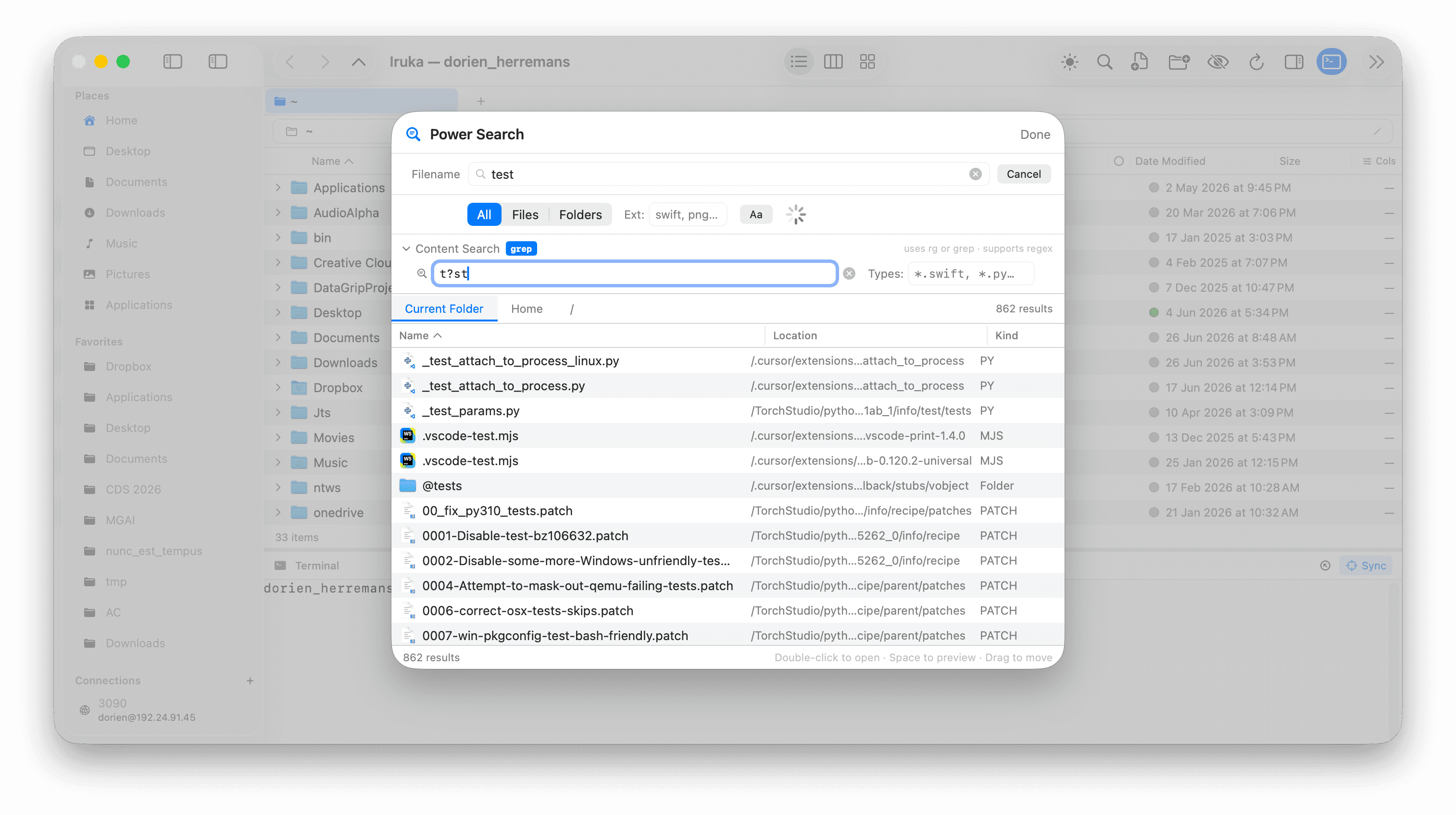 Iruka Power Search panel showing grep results with regex and filter options