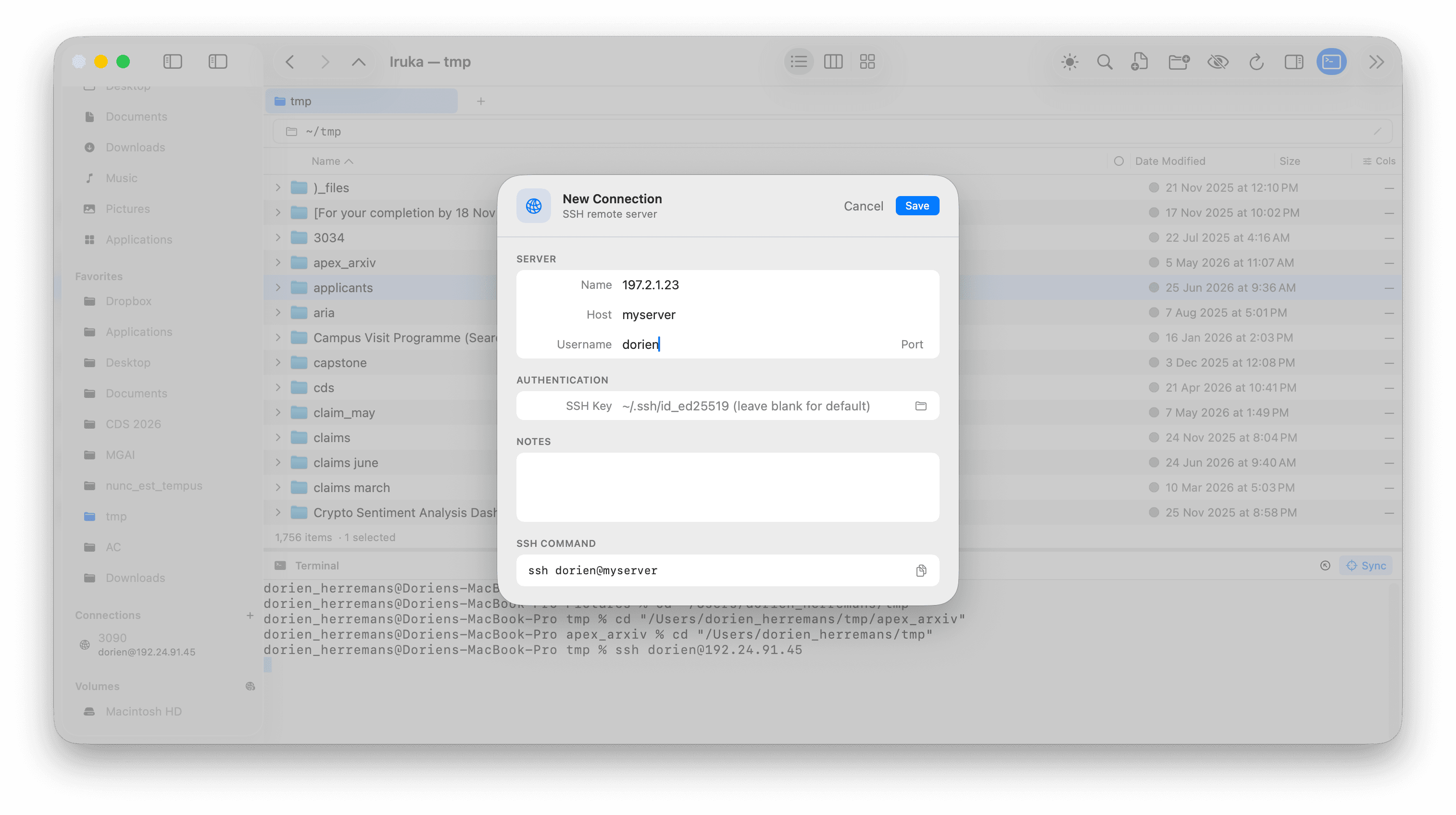 Iruka SSH new connection dialog with server details and one-click connect