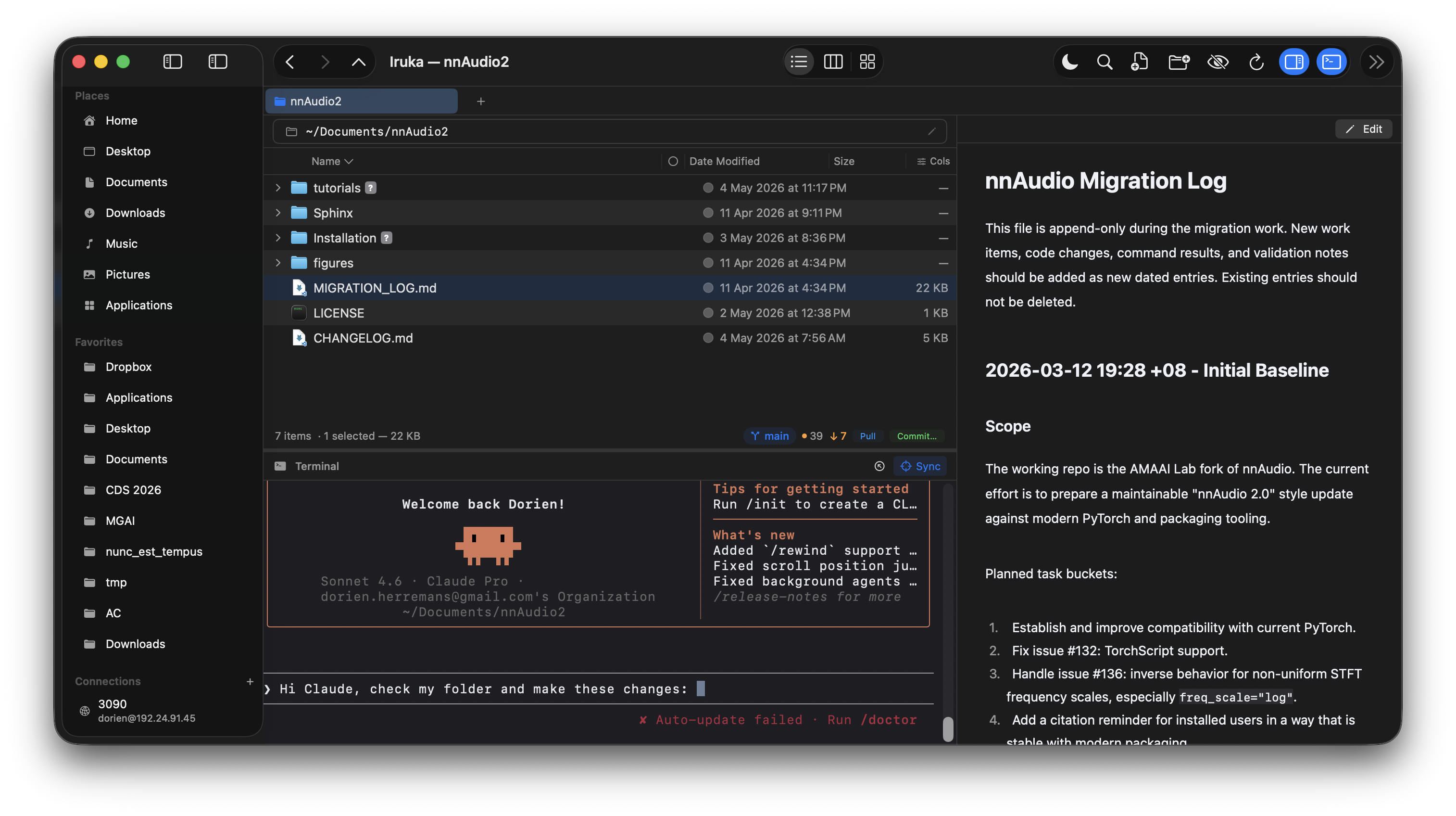 Iruka showing file browser, synced terminal with Claude Code integration, and Markdown preview