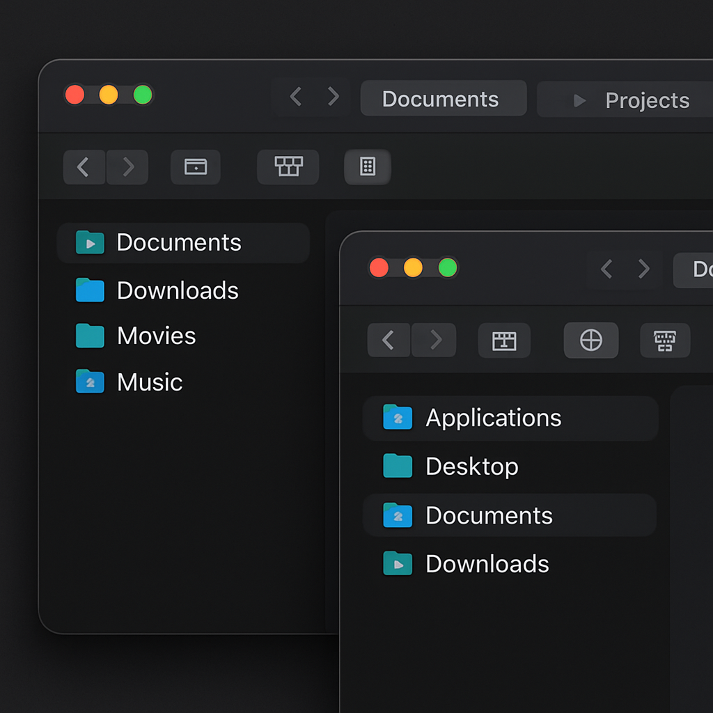 Two Iruka windows with multiple tabs layered to show multi-window support
