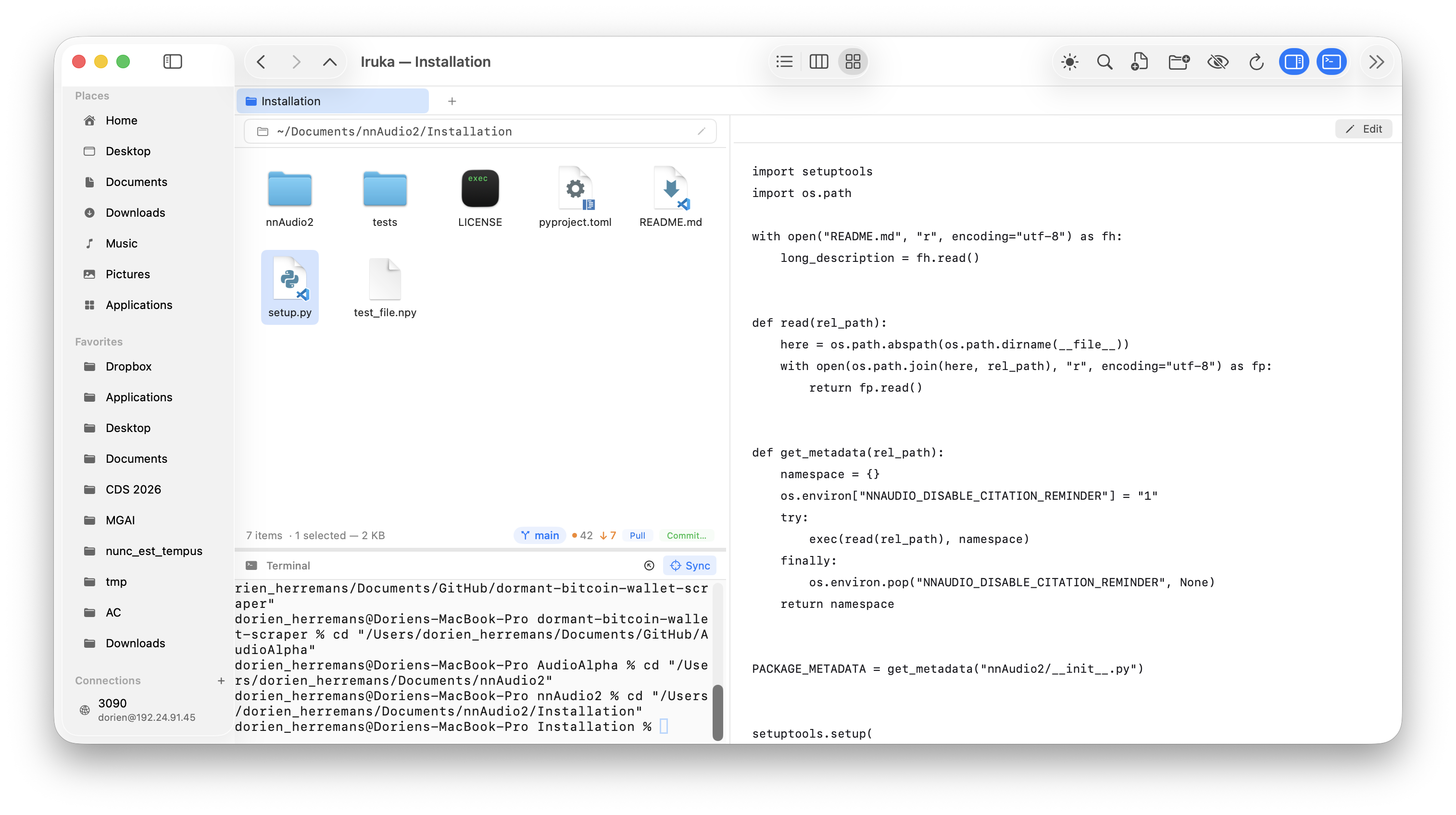 Iruka showing Python code with syntax highlighting in the preview pane alongside icon view