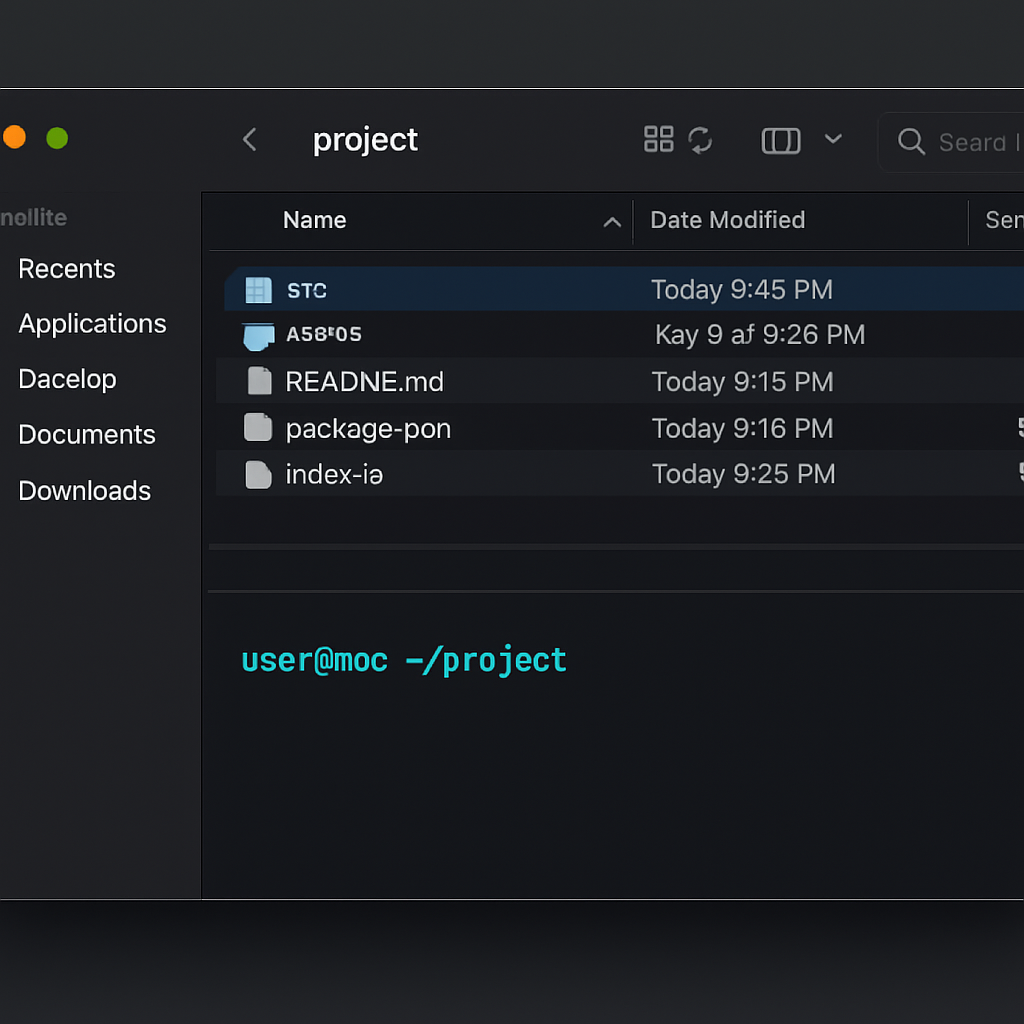 Iruka with an integrated terminal docked below the file list, synced to the current folder